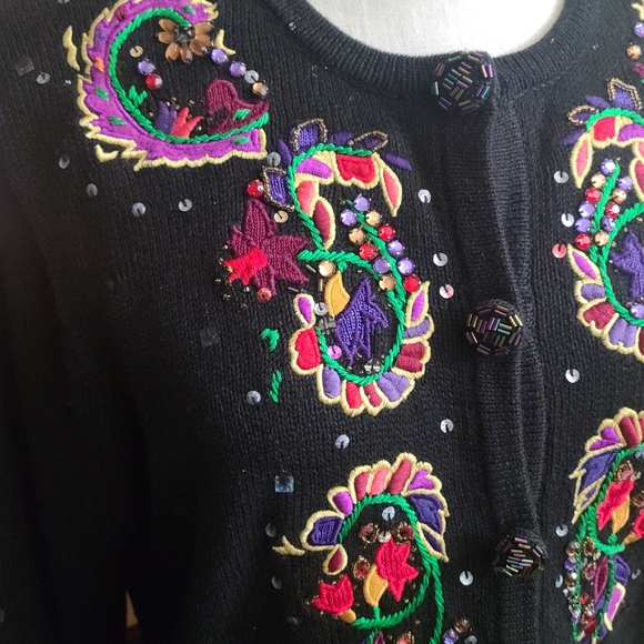 Vintage Jack B. Quick Sweatee Cardigan Mardi Gras Beaded Sequined Large XLarge - Picture 4 of 11